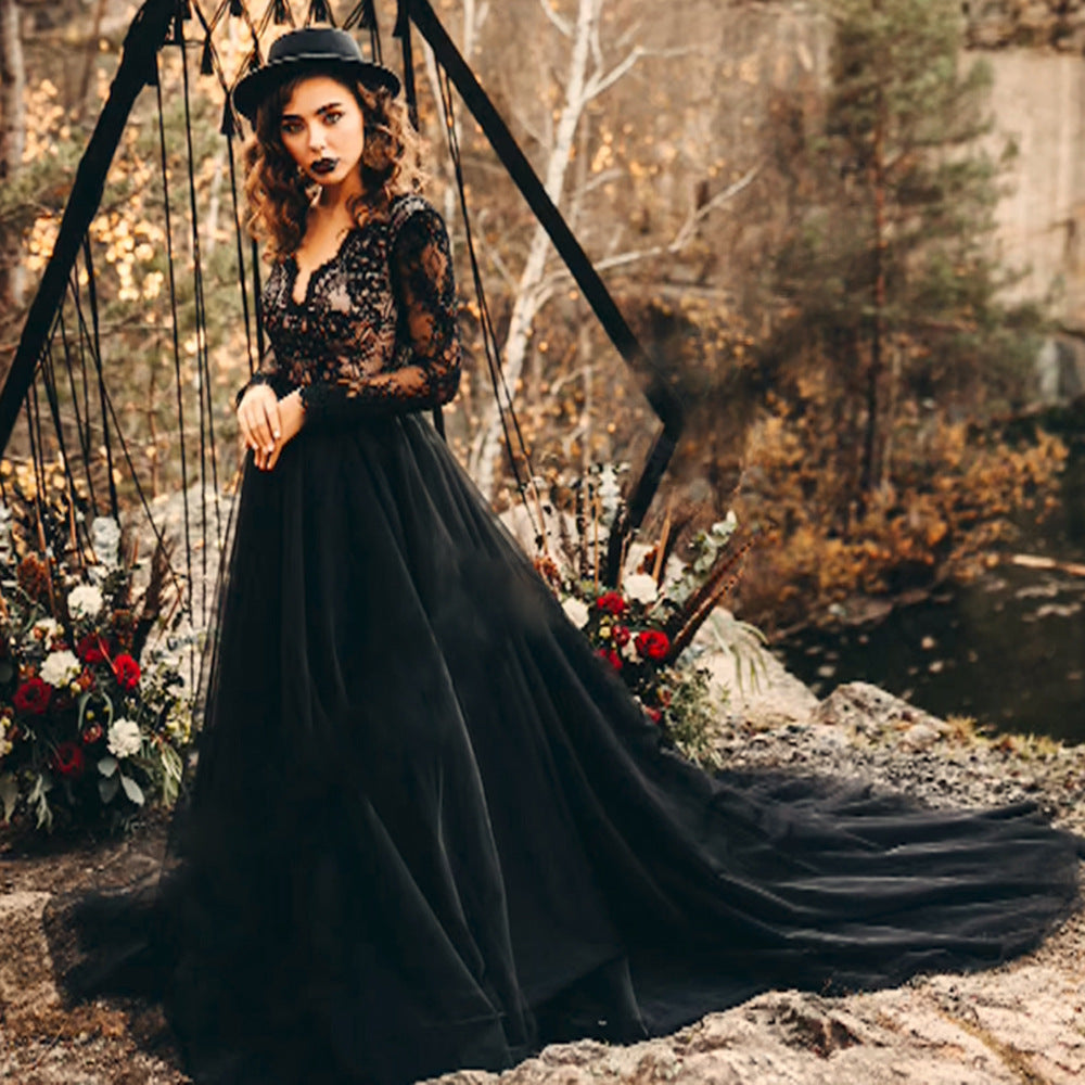 black tulle dress long sleeve A Line Prom V Neck Evening Dress FR008 Lace Appliques gradually fading upward for Agnes Orinda Women's Plus Train length:Cathedral train