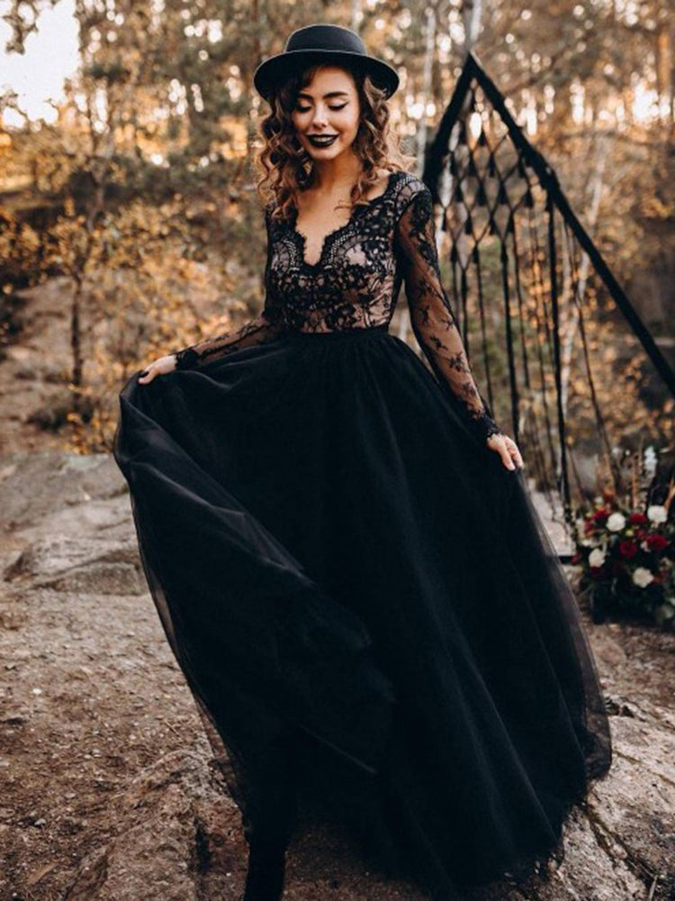A Line Black Tulle Prom Dress Long Sleeve V Neck Evening Dress FR008