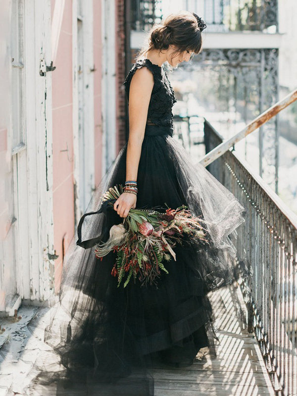 A Line Black Tulle Prom Dress Sleeveless Evening Dress FR009
