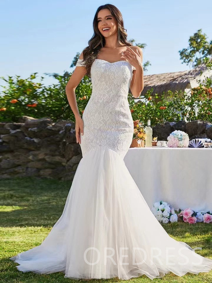 [$30 OFF CHECKOUT!]Vintage Lace Strapless Mermaid Bridal Dress Off The Shoulder Polka Dots Tulle Wedding Dress With Court Train BD100