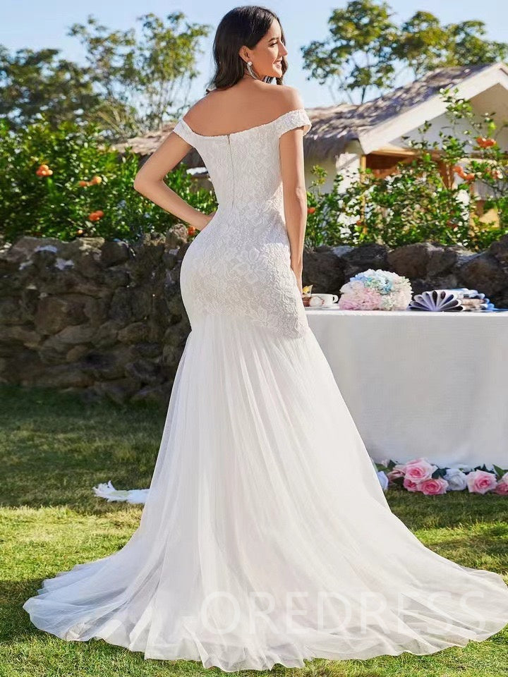 [$30 OFF CHECKOUT!]Vintage Lace Strapless Mermaid Bridal Dress Off The Shoulder Polka Dots Tulle Wedding Dress With Court Train BD100