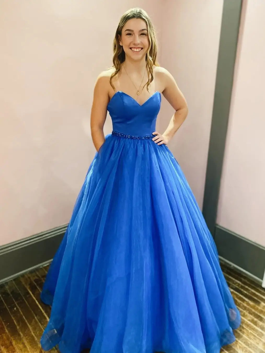 Blue Strapless Sweetheart Prom Dress with Rhinestone Waistline & Pocke OrtDress Blue Strapless Sweetheart Prom Dress with Rhinestone Waistline & Pocke OrtDress