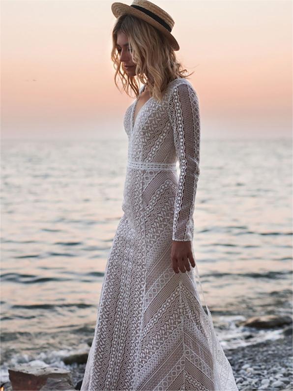 Beach Long Sleeve Lace Wedding Dresse Delicated Custom Wedding Dress ER2003