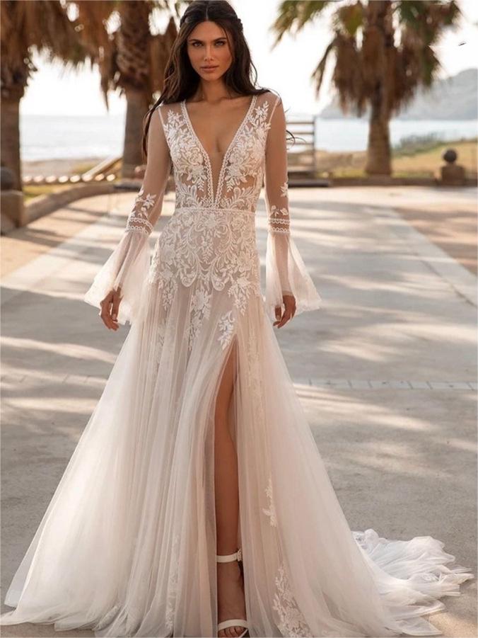 A Line Long Sleeve Lace Wedding Dresse Soft Custom Wedding Dress ER2004
