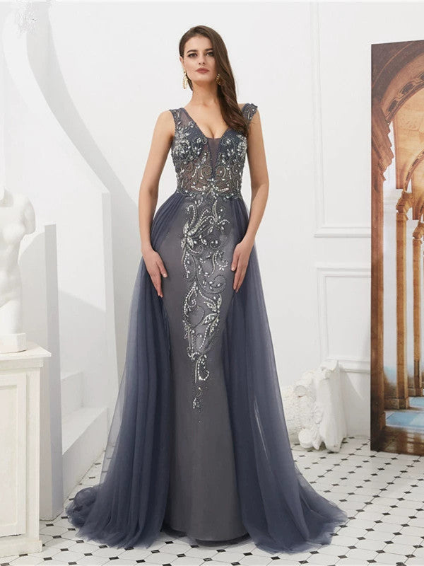 Tulle V Neck Pleated Mermaid Gown / Prom Dress BD001 Ortdress