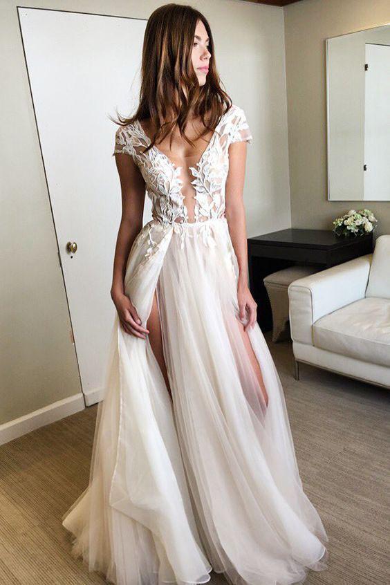 Cap Sleeve Tulle Prom Dress Appliqued Backless Wedding Dresses with Split  ER2112