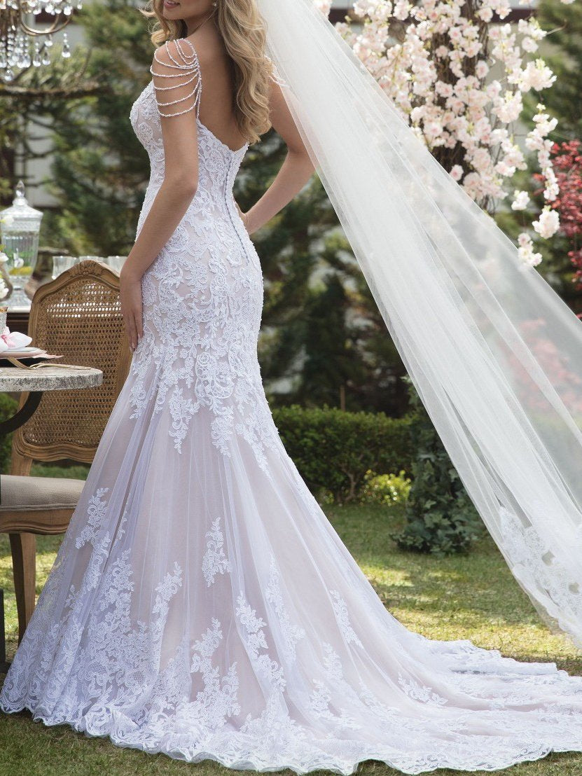 Romantic Mermaid Lace Bride Dress Sexy Wedding Gown with Beads ER2110