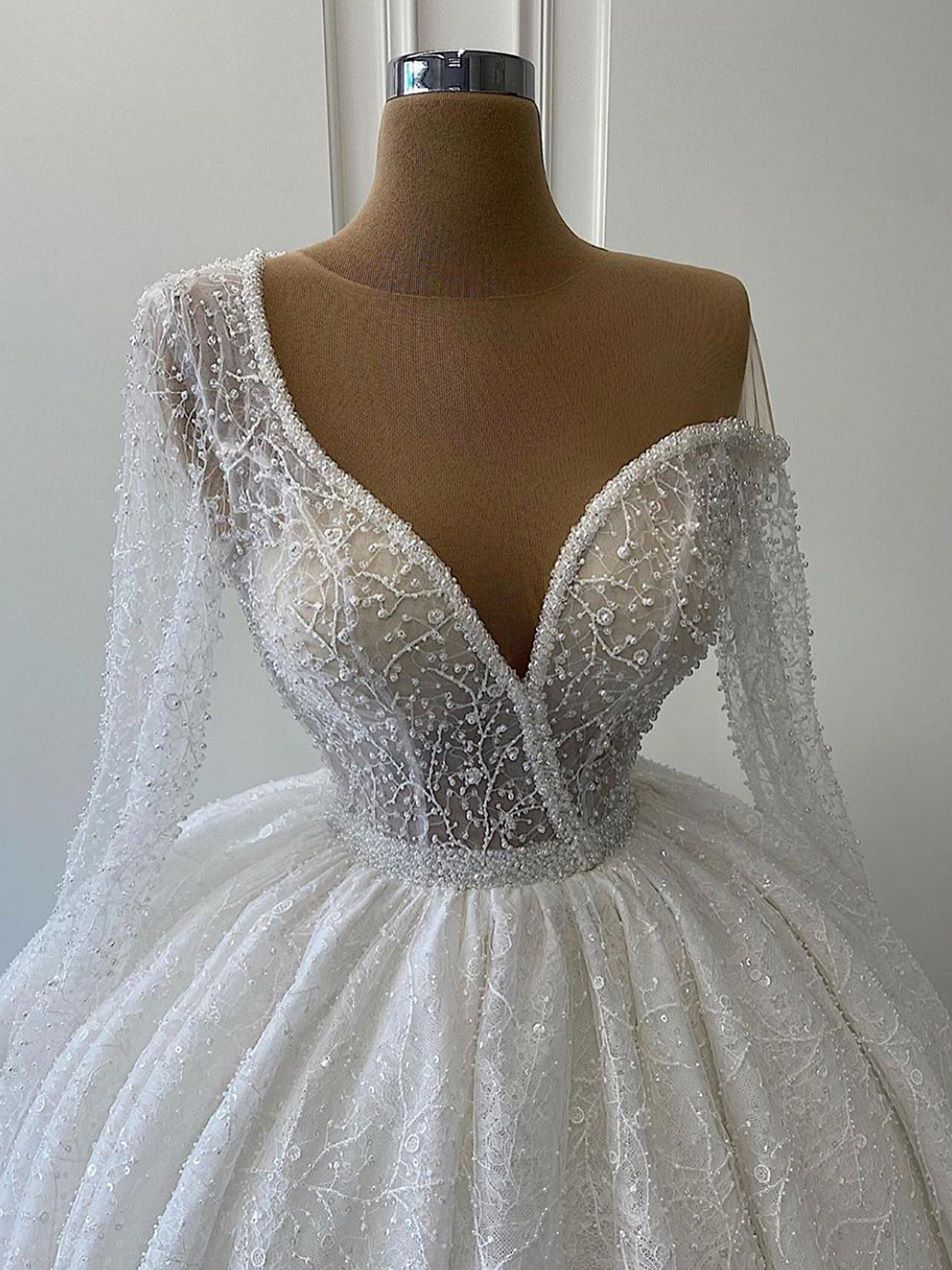Shining Ball Gown Wedding Dress Sequins Vintage One Shoulder Long Sleeves Wedding Gowns ER2112