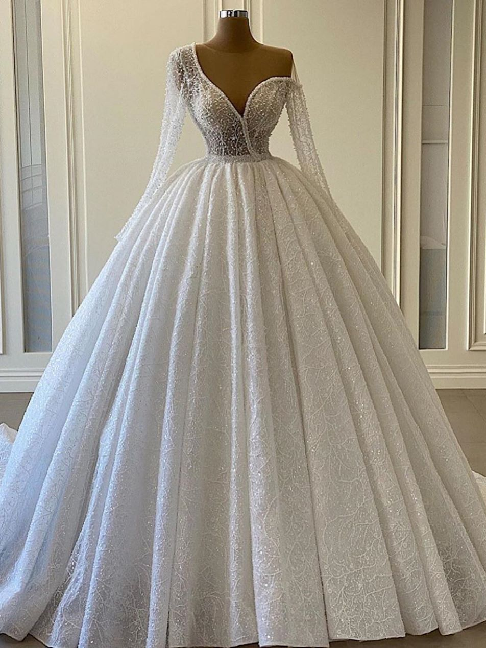 Shining Ball Gown Wedding Dress Sequins Vintage One Shoulder Long Sleeves Wedding Gowns ER2112