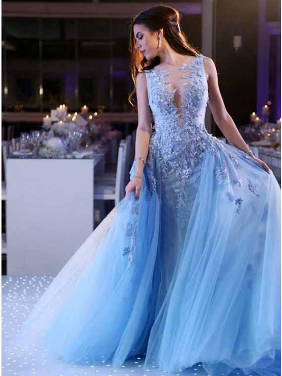 Sparkly Crew Long Evening Party Dress Blue Prom Dress with Appliques Beaded ER2174