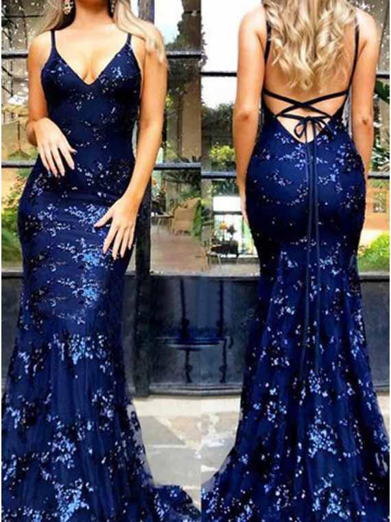 Sexy Mermaid Sexy Backless Dark Navy Lace Prom Dress with Sequin ER2173