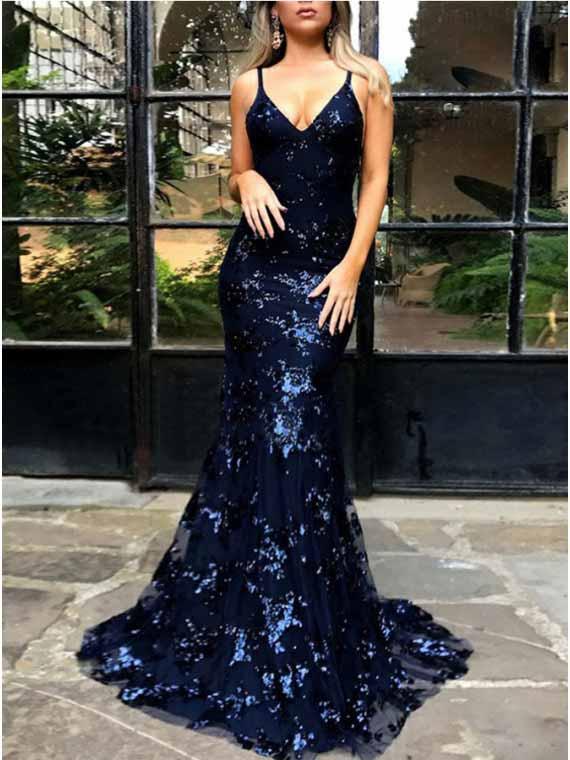 Sexy Mermaid Sexy Backless Dark Navy Lace Prom Dress with Sequin ER2173