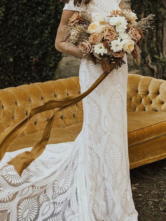 Beach Lace Wedding Dresse Cap Sleeve Custom Wedding Dress DR035
