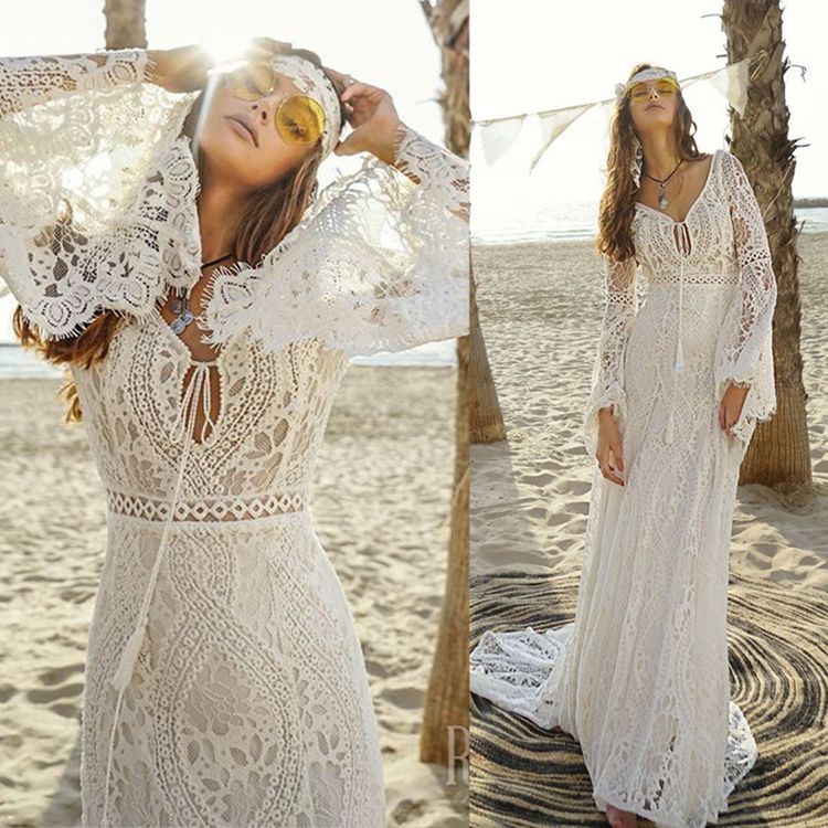 Beach Sheath Lace Wedding Dresse Long Sleeve Custom Wedding Dress DR060