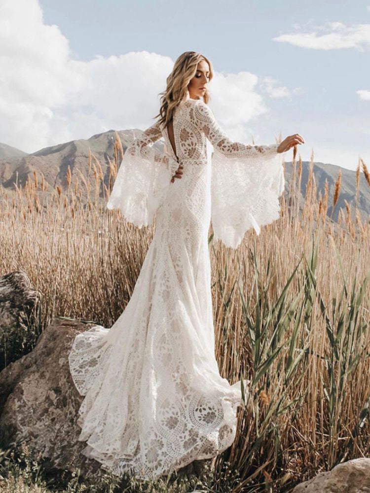 Beach Sheath Lace Wedding Dresse Long Sleeve Custom Wedding Dress DR060