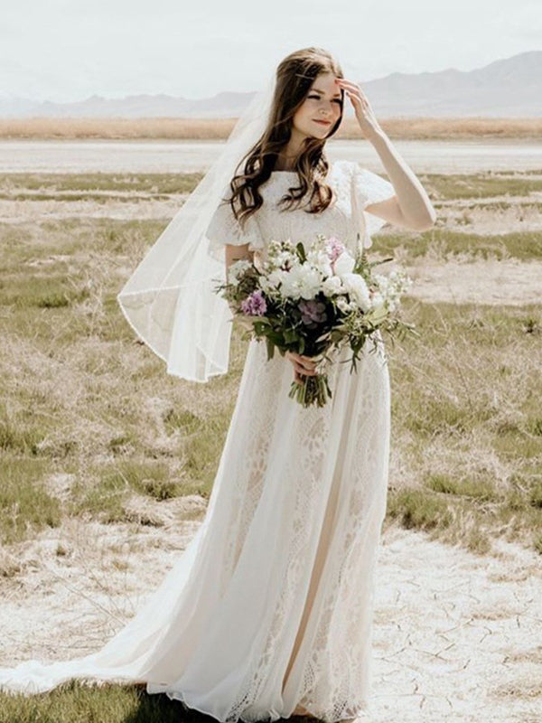 Beach A Line Lace Wedding Dresse Custom Wedding Dress With Sleeve DR062