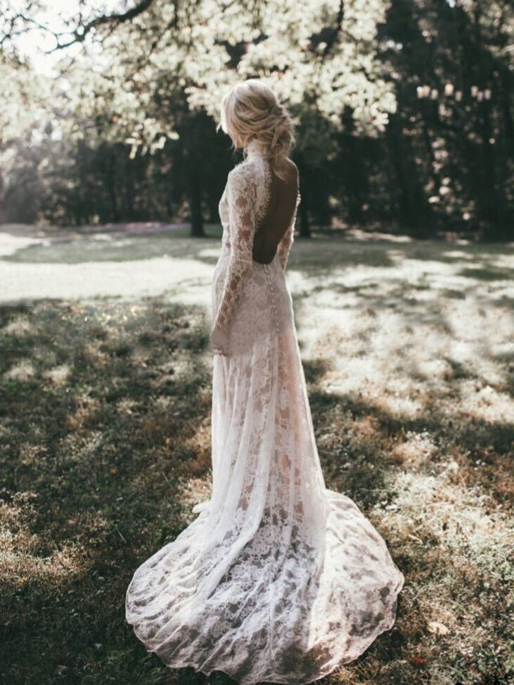 Lace Long Sleeve Wedding Dresses Backless Sheath Wedding Dresses ER2012 - OrtDress