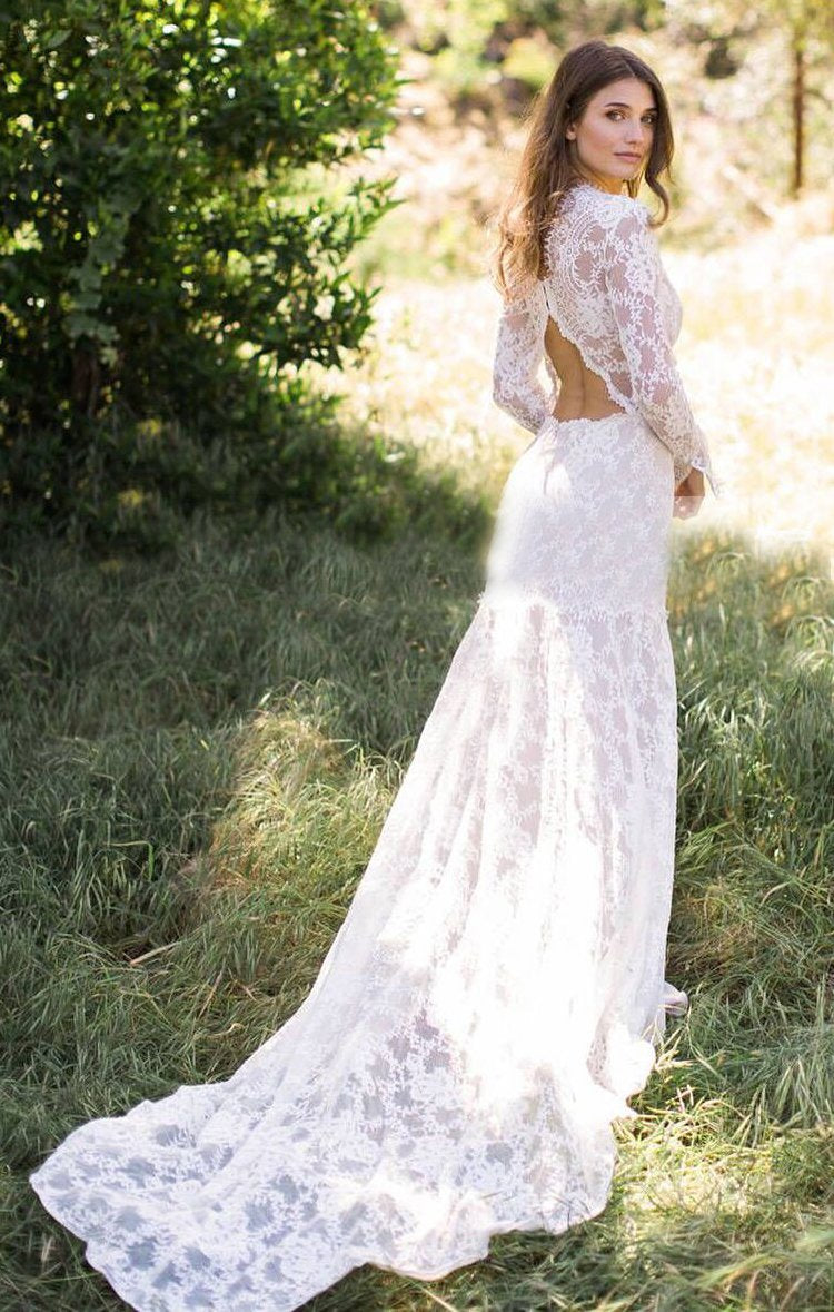 Lace Long Sleeve Wedding Dresses Ivory Sheath Wedding Dresses ER2013 - OrtDress