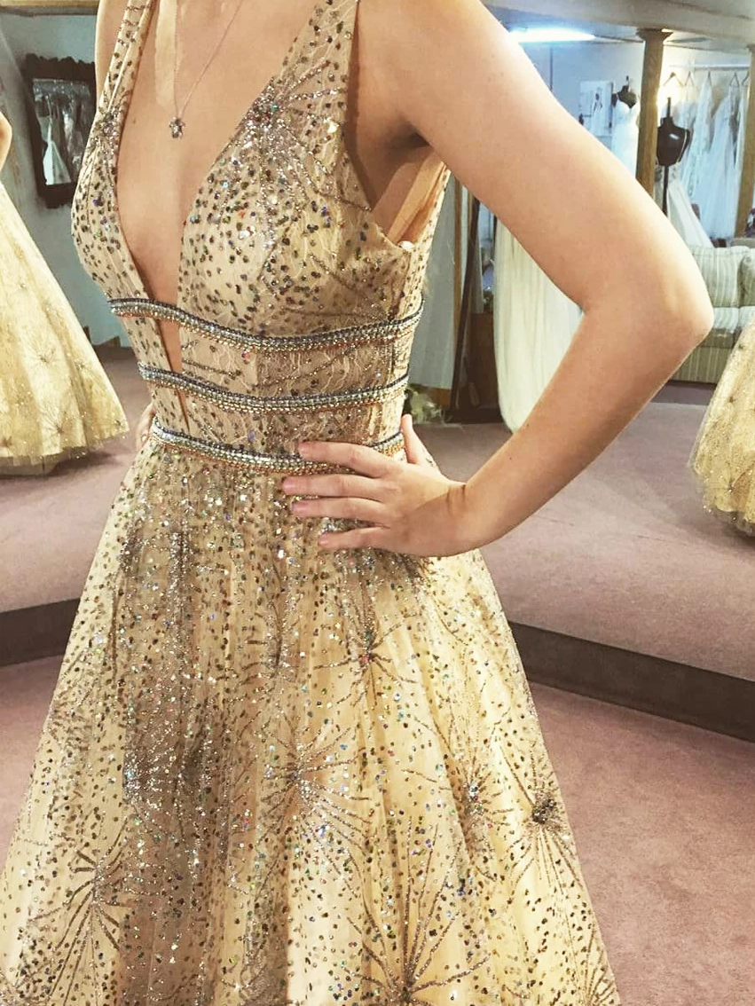 A-Line Gold Sequins Prom Dresses Vintage Cheap Evening Dress ER2016 - OrtDress