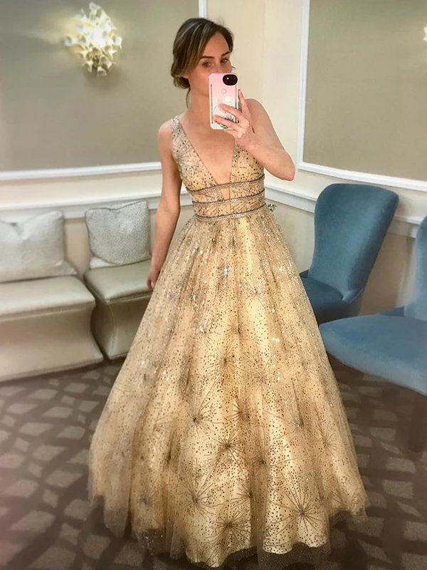 A-Line Gold Sequins Prom Dresses Vintage Cheap Evening Dress ER2016 - OrtDress