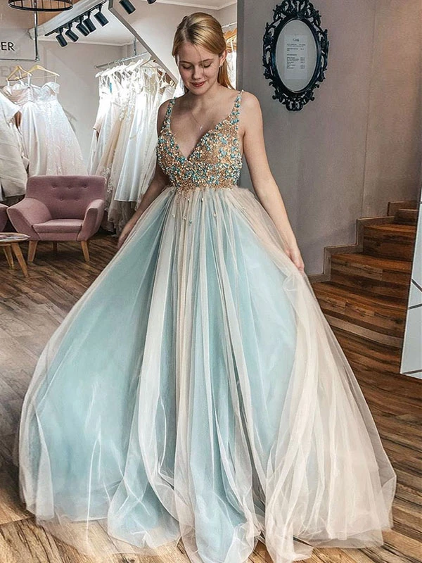 A-Line V Neck Beading Prom Dresses Vintage Tulle Evening Dress ER2017 - OrtDress