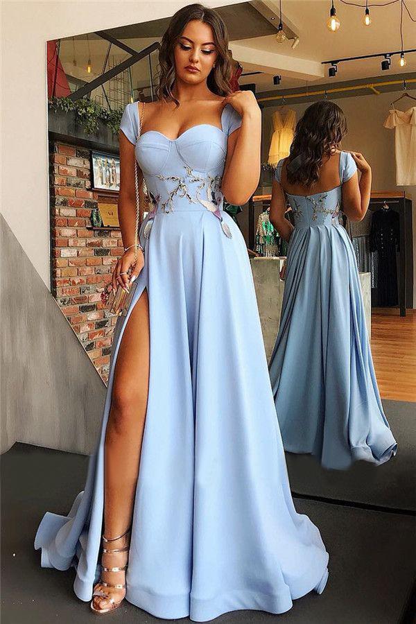 Cap Sleeves Blue Evening Dress Cheap Side Slit Chiffon Prom Dresses ER2019 - OrtDress