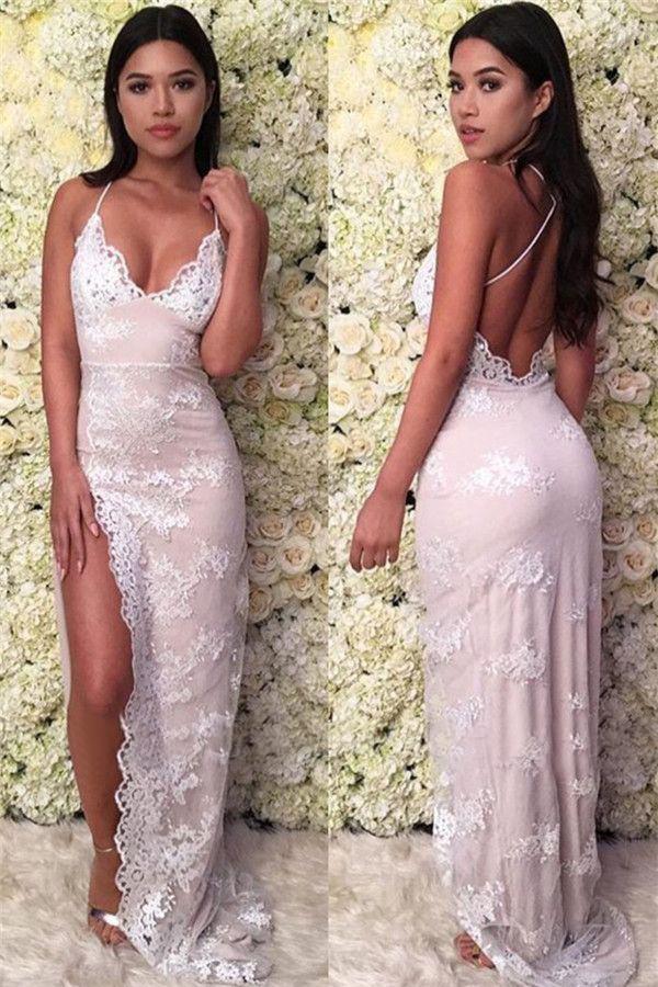 Mermaid Glamorous Spaghetti-Straps Lace Appliques Backless Prom Dresses ER2020 - OrtDress