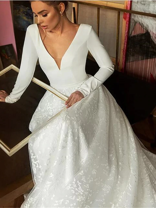 Chic A Line Long Sleeve Lace V Neck Customed Handmade Wedding Dress ER2056 - OrtDress