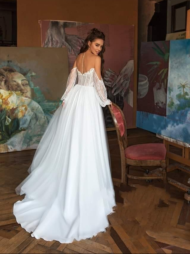 A Line Long Sleeve Wedding Dresses Tulle  Beach Scoop Wedding Dresses ER2059 - OrtDress