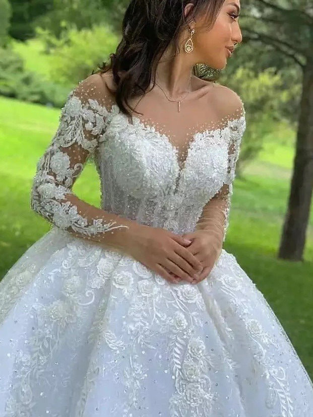 Vintage Long Sleeve Wedding Dress Ivory Scoop Ball Gown Bridal Dress FR003