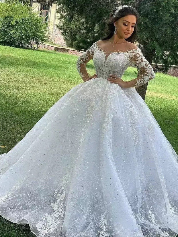Vintage Long Sleeve Wedding Dress Ivory Scoop Ball Gown Bridal Dress FR003