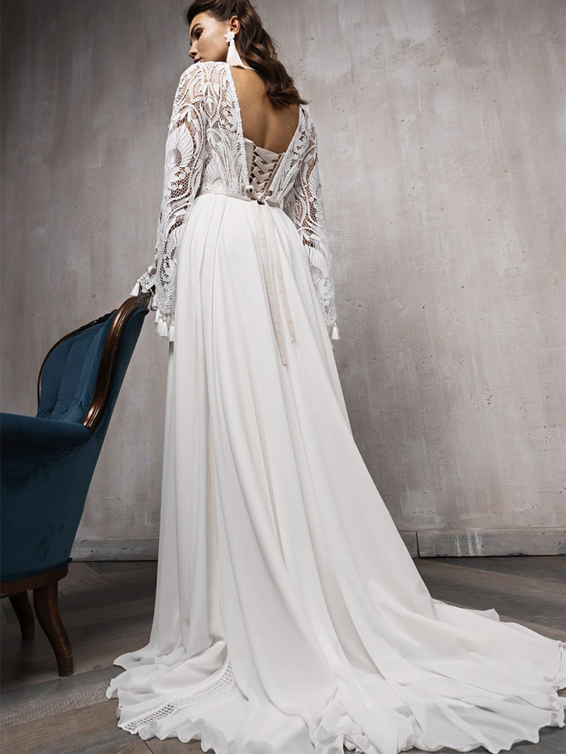 Chic A Line Long Sleeve Wedding Dress Lace Up Beautiful Bridal Dress FR004