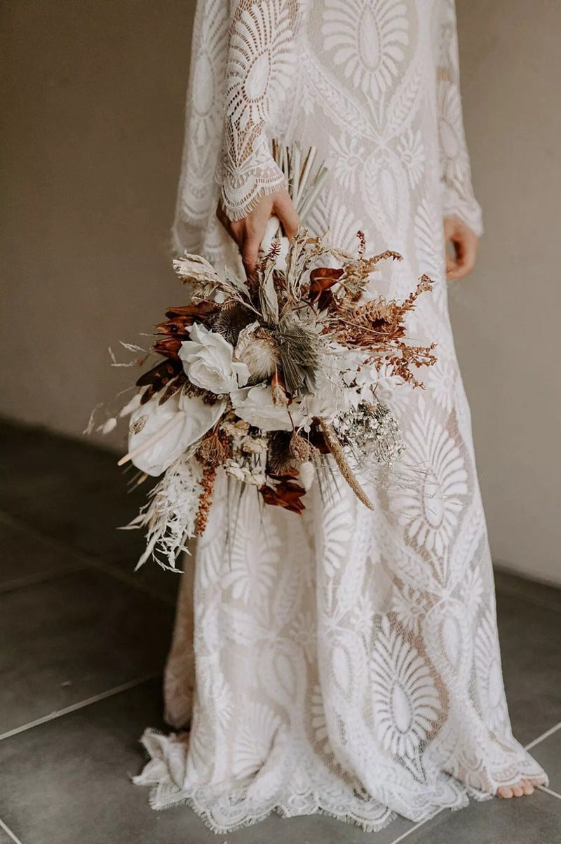 Lace Ivory Beach Wedding Dress Long Sleeve Bridal Dress FR005