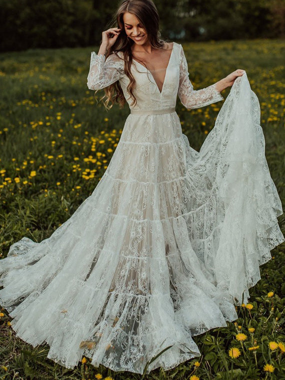 A Line Lace Long Sleeve Wedding Dress V Neck Backless Bridal Dress FR006