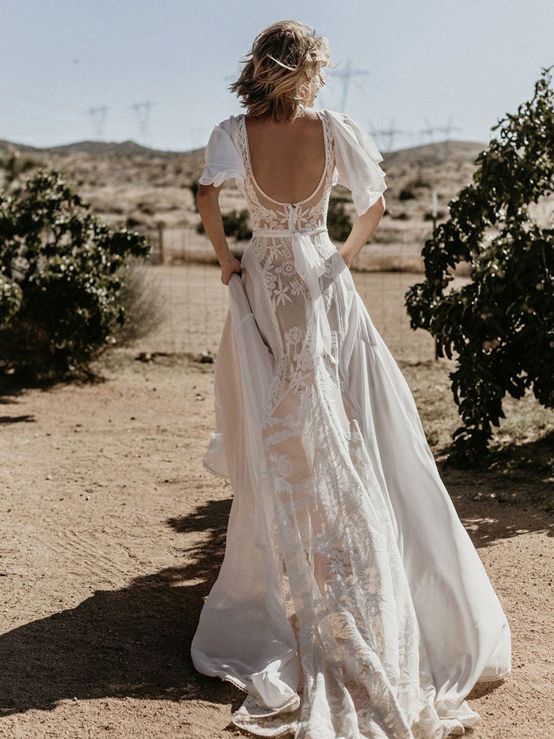 A Line Beach Ivory Wedding Dress Lace And Chiffon Bridal Dress FR007