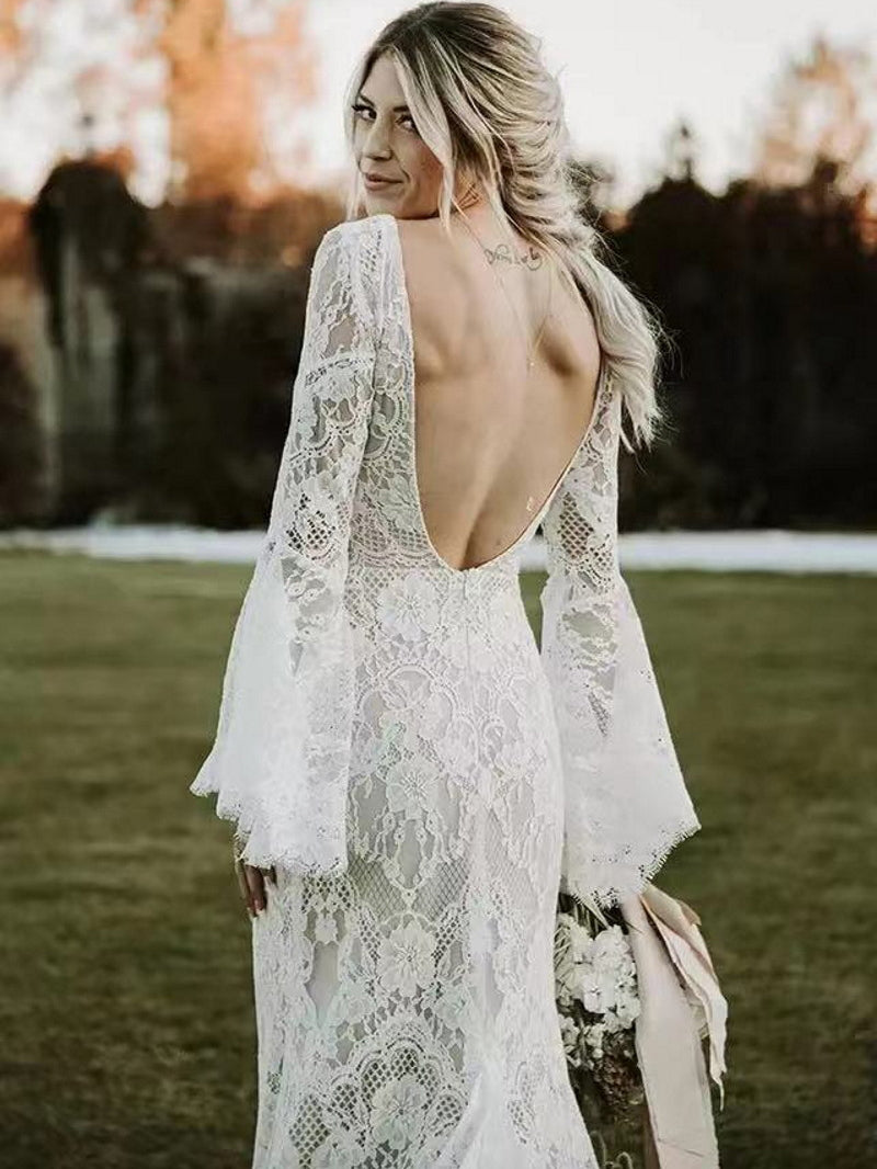 Sheath Lace Long Sleeve Wedding Dress Backless V Neck Bridal Dress FR011
