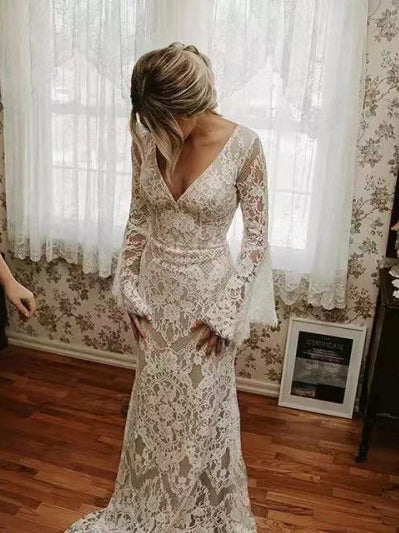 Sheath Lace Long Sleeve Wedding Dress Backless V Neck Bridal Dress FR0 OrtDress Sheath Lace Long Sleeve Wedding Dress Backless V Neck Bridal Dress FR0 OrtDress