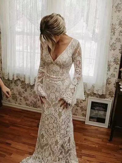 Sheath Lace Long Sleeve Wedding Dress Backless V Neck Bridal Dress FR011