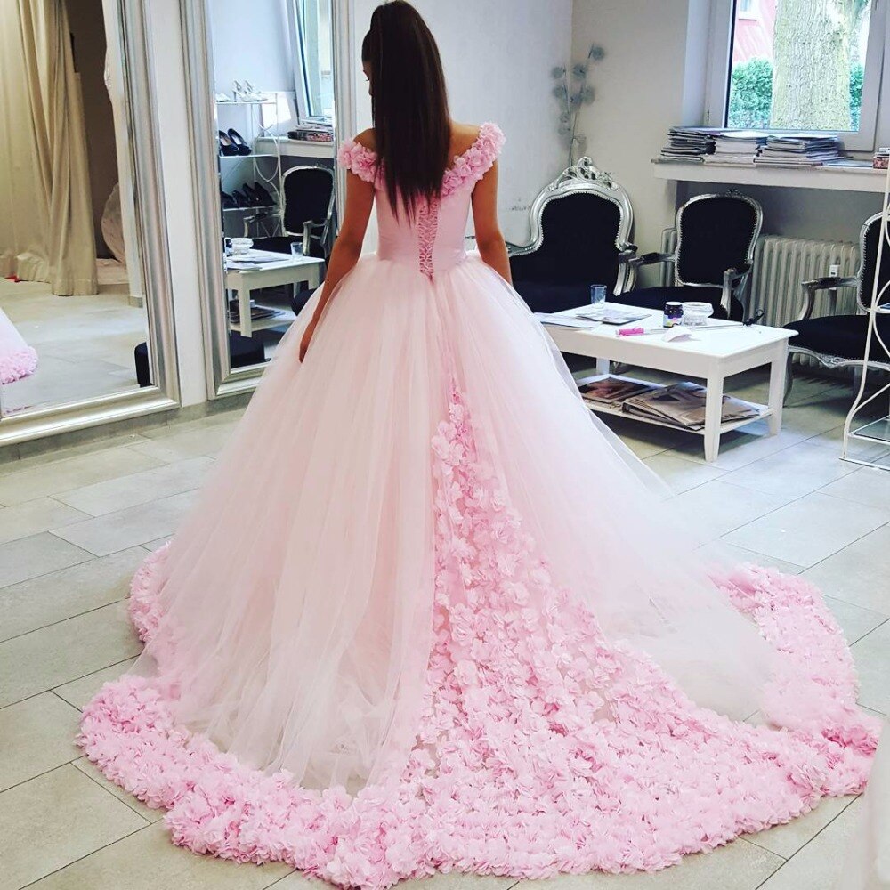 Off the Shoulder Ball Gown Prom Dress Flowers Decorated Wedding Gowns with Train #ER2172