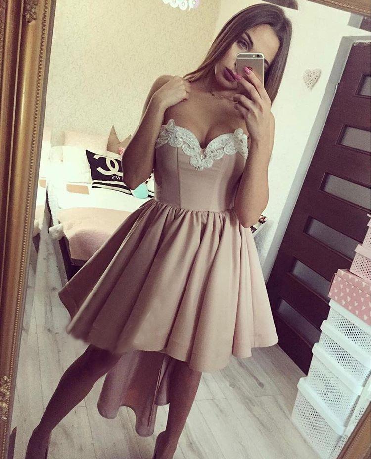 Asymmetrical Pink Homecoming Dress Lace Cheap Party Homecoming Dress ER110 - OrtDress
