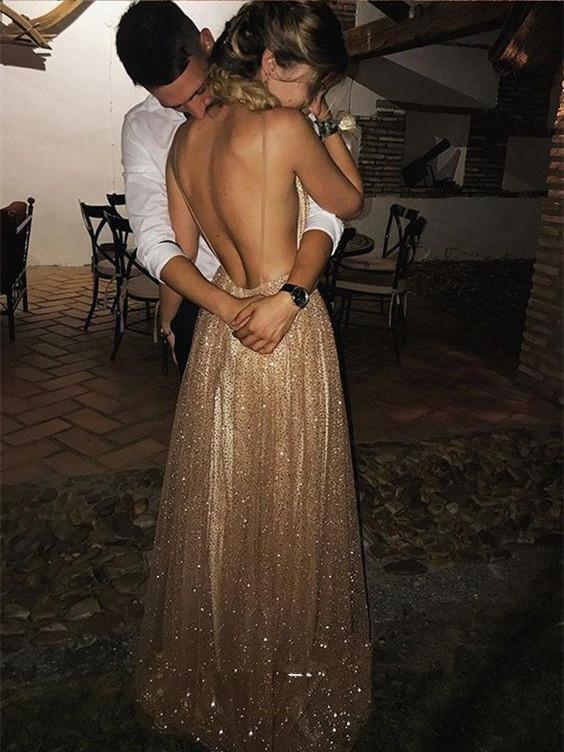 Shining Spaghetti Straps Deep V-neck Backless Sequins Prom Party Dresses ER2110