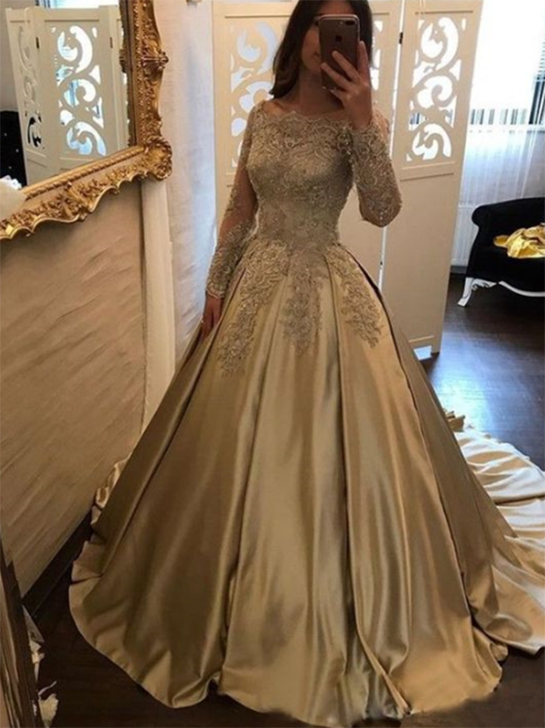 Ball Gown Prom Dress Lone Sleeve Lace Prom Dress #ER024 - OrtDress