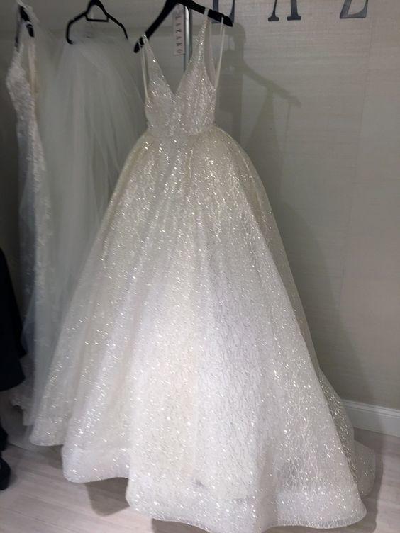 Ivory Sequins V Neck Prom Dress Lace Cheap Long Prom Dress #ER133 - OrtDress