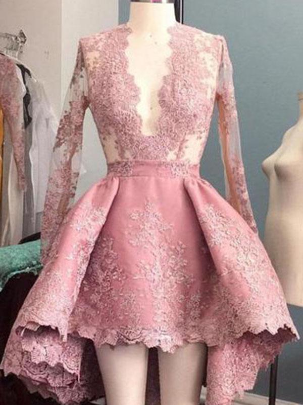 Long Sleeves Homecoming dress Pink Lace Cheap Homecoming Dress ER012 - OrtDress