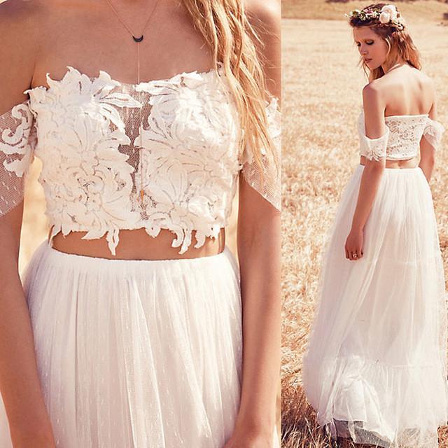 Two Piece Beach Wedding Dress Lace Cheap Long Wedding Dress #ER051 - OrtDress
