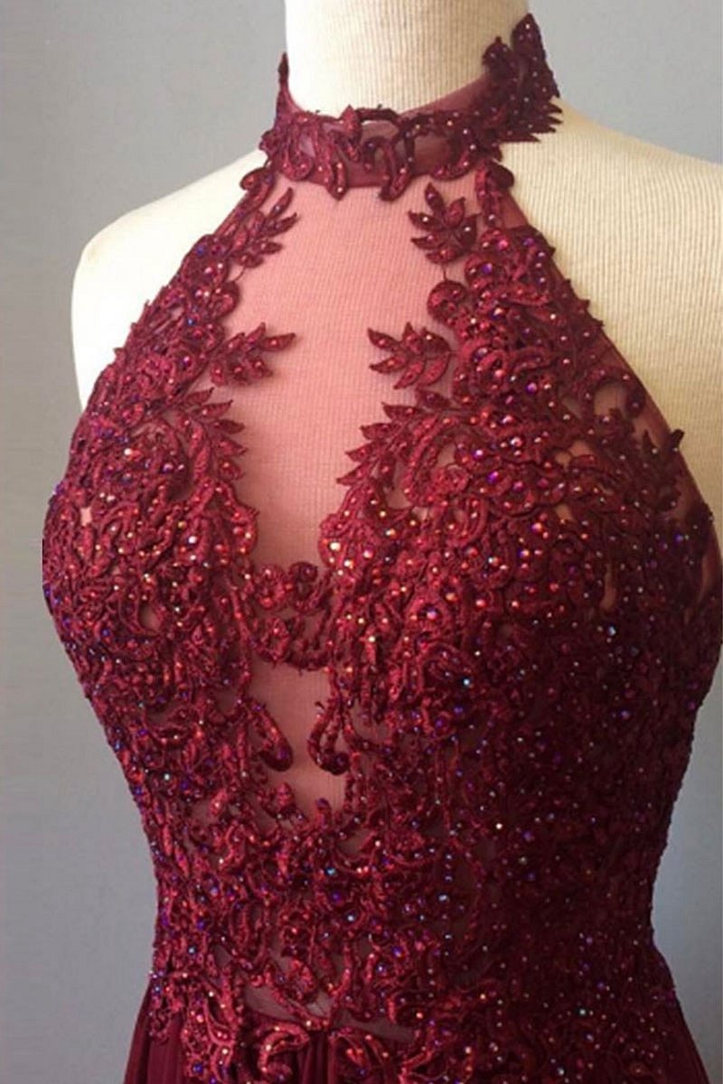 Burgundy Chiffon Prom Dress Lace High Neck Prom Dress #ER140 - OrtDress