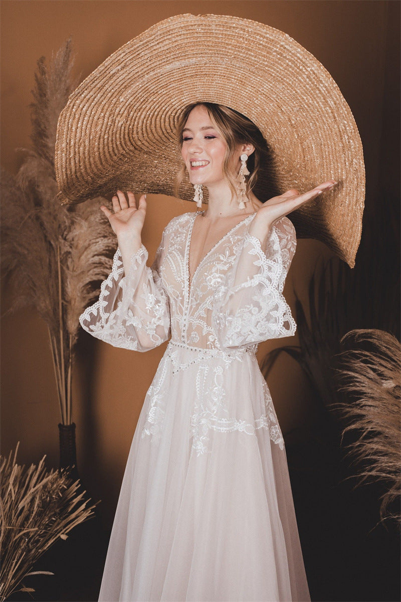 Long Sleeve Ivory Wedding Dress A Line Custom Wedding Dress DR004