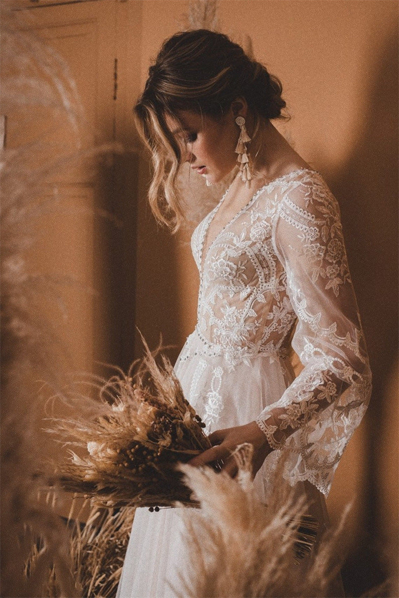 Long Sleeve Ivory Wedding Dress A Line Custom Wedding Dress DR004