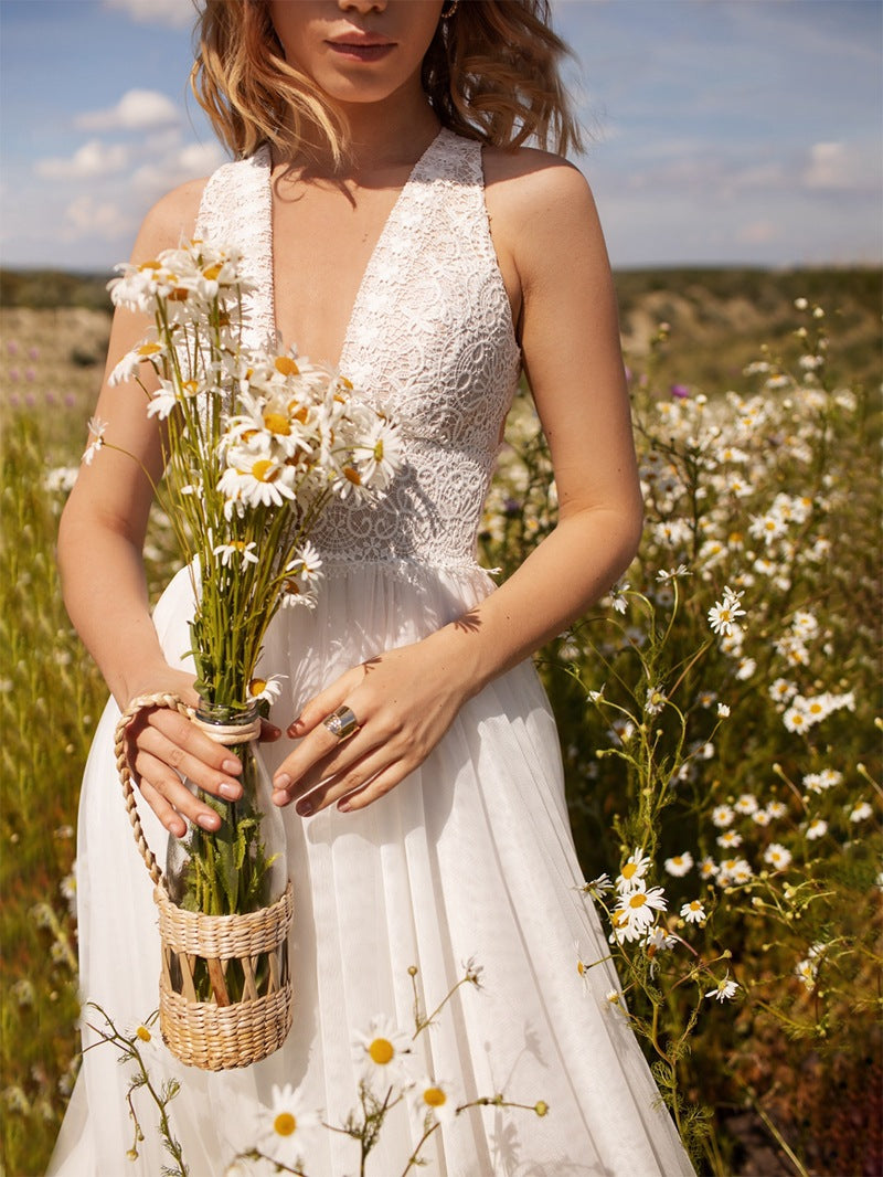 A Line Chiffon V Neck Wedding Dresse Sleeveless Custom Wedding Dress DR010