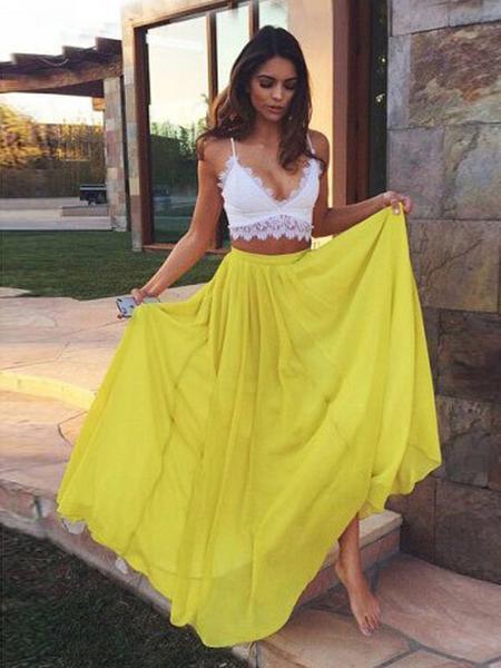 Chic Two Piece Prom Dress Chiffon Yellow Prom Dress #ER058 - OrtDress